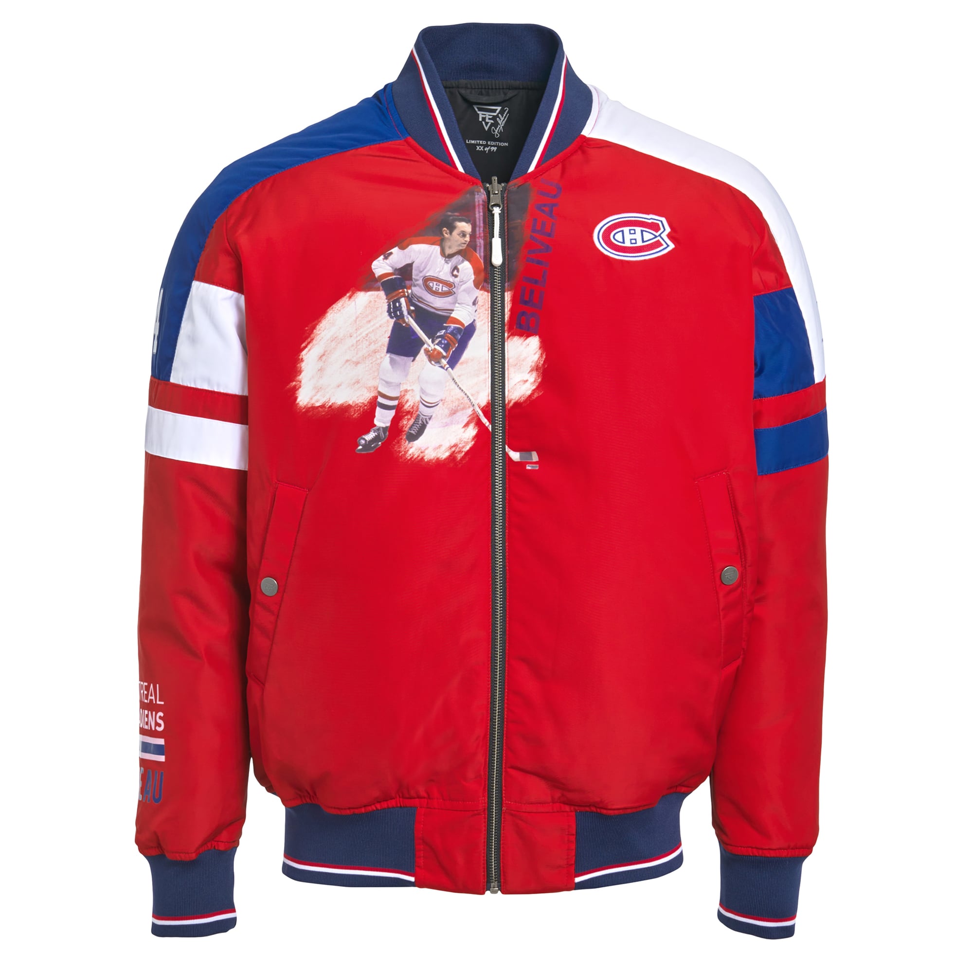 Veste bomber réversible à fermeture éclair intégrale FE Jean Beliveau rouge/noir pour homme, des Canadiens de Montréal